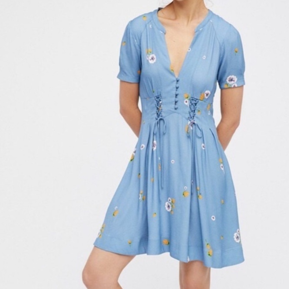 Free People Blue Strawberry & Flower Mini Dress